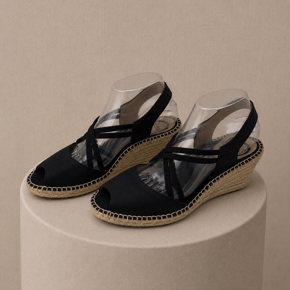 ABEO Delano Espadrille Wedge Sandal Black Leather Peep Toe Slip On 9N Crisscross